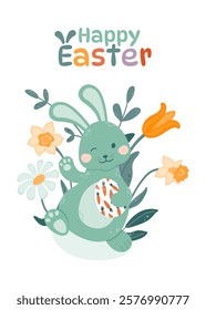 Happy Easter greeting card. Easter bunny waves his hand and holds an Easter egg in his paws on a background of flowers. Vector illustration in a flat style.