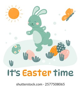Happy Easter greeting card. Easter bunny runs with his paws open on the grass. It's Easter time. Vector illustration in a flat style.