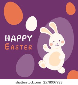 Happy Easter greeting card. Easter bunny waves his paw and smiles. Vector illustration in a flat style.