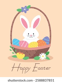 Happy Easter Greeting Card with Bunny and Basket of Eggs, A cute and festive Easter greeting card illustration featuring a white bunny sitting in a basket filled with colorful Easter eggs