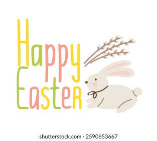 Happy Easter greeting card with bunny and willow branches vector illustration