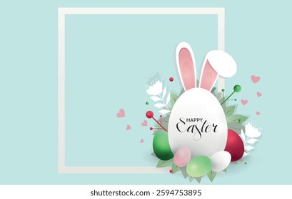 Happy Easter Greeting Card with Bunny, Eggs, and Floral Decoration, Spring Holiday Illustration. Postcard, frame, banner.