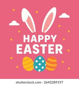 Happy Easter greeting card with bunny ears and eggs
