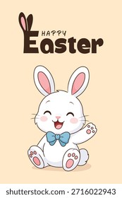 Happy Easter greeting card. Easter bunny waves his paw and smiles. 