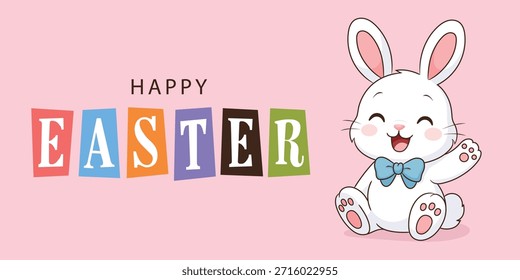 Tarjeta de felicitación de Pascua feliz. Conejo de Pascua agita su pata y sonríe. 