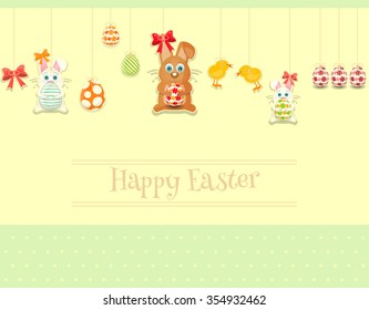 Happy Easter Greeting Card. Easter Bunny and Easter Eggs. Vector Illustration. Retro Design.