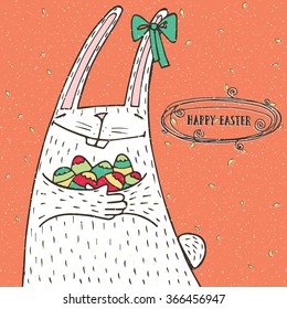 Happy Easter greeting card with Easter bunny and Easter eggs. Vector illustration
