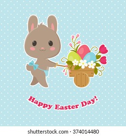 Happy Easter greeting card. Easter bunny carrying a cart with Easter eggs and flowers.