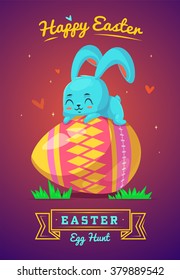 Happy Easter greeting card with bunny and egg. Vector cartoon illustration. Cute stylish characters. Vector stock illustration.
