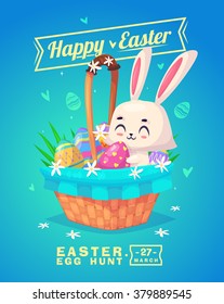 Happy Easter greeting card with bunny and eggs. Vector cartoon illustration. Cute stylish characters. Vector stock illustration.