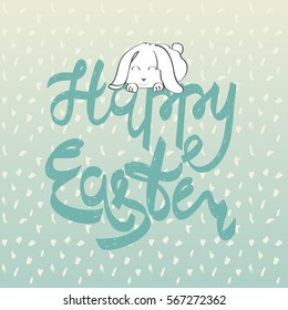 Happy Easter greeting card with bunny. Hand drawn lettering.