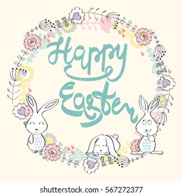 Happy Easter greeting card with bunny and flower. Hand drawn lettering.