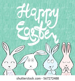 Happy Easter greeting card with bunny. Hand drawn lettering.