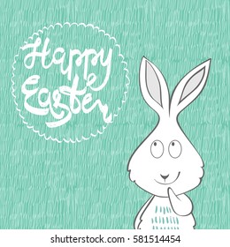 Happy Easter greeting card with bunny. Hand drawn lettering.