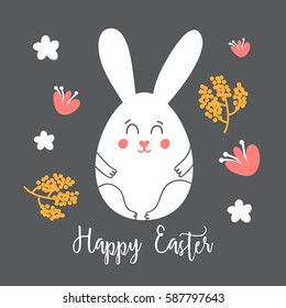 Happy Easter greeting card with Easter bunny and floral background. Vector illustration.