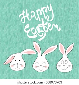 Happy Easter greeting card with bunny. Hand drawn lettering.