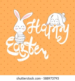 Happy Easter greeting card with bunny. Hand drawn lettering.