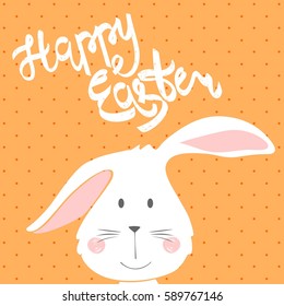 Happy Easter greeting card with bunny. Hand drawn lettering.