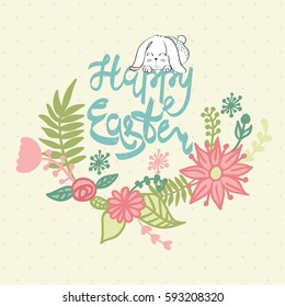 Happy Easter greeting card with bunny and flower. Hand drawn lettering.