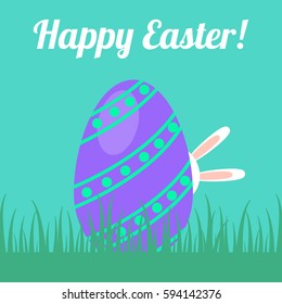 Happy easter! Greeting card with the Easter bunny hiding behind egg. Vector illustration.