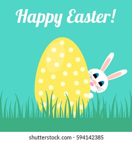 Happy easter! Greeting card with the Easter bunny hiding behind egg. Vector illustration.