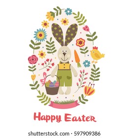 Happy Easter greeting card with bunny  - vector illustration, eps