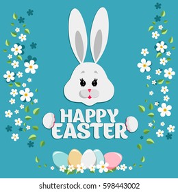 Happy easter greeting card with the Easter Bunny, eggs and flowers. Vector illustration.