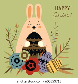 Happy Easter greeting card. Easter bunny, eggs and floral elements. Vector illustration.