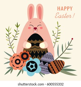 Happy Easter greeting card. Easter bunny, eggs and floral elements. Vector illustration.