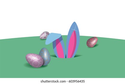 Happy Easter greeting card with Easter bunny in the hole and eggs in a grass.Vector illustration.