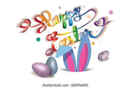 Happy Easter greeting card with Easter bunny in the hole,ribbon in rainbow colors,eggs and confetti isolated on a white background.Vector illustration.