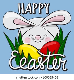 Happy Easter greeting card with a bunny with red and yellow eggs in the grass. Template design for the holiday. Vector cartoon hand drawn illustration.
