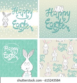 Happy Easter greeting card with bunny. Hand drawn lettering.
