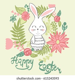 Happy Easter greeting card with bunny and flower. Hand drawn lettering.