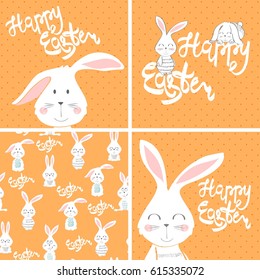 Happy Easter greeting card with bunny. Hand drawn lettering.