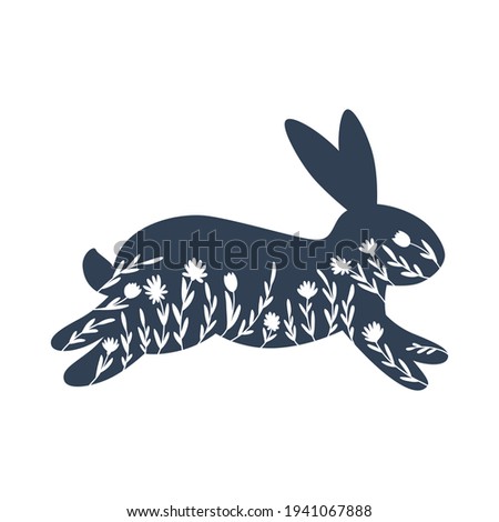 Happy Easter greeting card of bunny, rabbit icon, decorated with flowers. Hand drawn holiday design. Vector illustration isolated on white background.