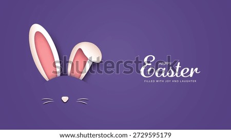 Happy Easter greeting card with Easter Bunny isolated on a purple background, vector minimal illustration