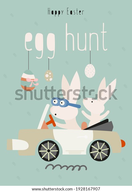 Happy Easter\
greeting card – Easter bunny rides a car. Lettering Egg hunt.\
Vector illustration in retro\
design.