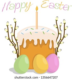 Happy Easter greeting card. Easter cake, easter eggs and twigs of flowering willow. Isolated on white background. Vector illustration. Design for holiday poster or banner.