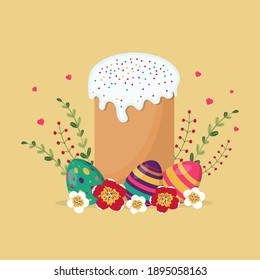Happy Easter greeting card. Easter cake with decorated eggs, flowers and branches. Vector illustration isolated on a yellow background.