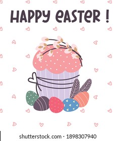  Happy Easter greeting card. Easter cake, painted eggs, willow twigs. flat vector illustration