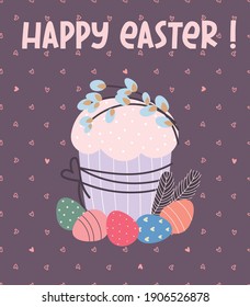  Happy Easter greeting card. Easter cake, painted eggs, willow twigs. flat vector illustration