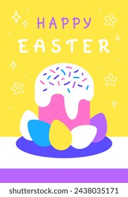 Happy Easter greeting card with Easter cake and colored eggs on yellow background. Vector illustration in modern minimalist flat style.