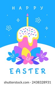 Glückliche Ostern-Grußkarte mit Osterkuchen, farbigen Eiern und Frühlingsblumen auf blauem Hintergrund. Vektor-Illustration im modernen minimalistischen flachen Stil.