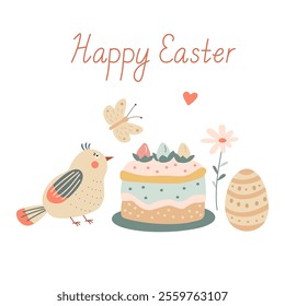 Happy Easter greeting card with an easter cake, an egg, a cute little chicken or a bird, a flower and a butterfly. Vector illustration and lettering in hand drawn flat style, pastel colors.