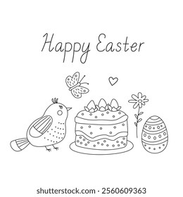 Happy Easter greeting card with a an easter cake, egg, cute bird,  flower and butterfly. Vector illustration and lettering in doodle hand drawn style, black outline. Great for coloring.