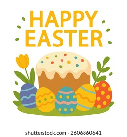 Happy Easter greeting card. Easter cake, painted eggs.