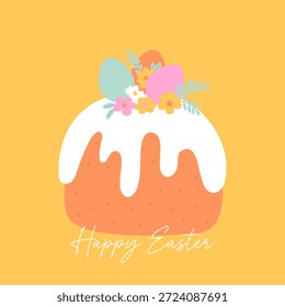 Tarjeta de felicitación de Pascua feliz con un pastel de Pascua decorado con coloridos huevos, flores y hojas. Diseño festivo alegre perfecto para tarjetas de vacaciones y celebraciones de primavera.