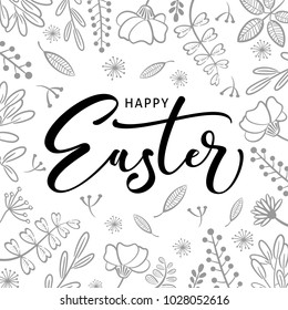 Happy Easter greeting card with calligraphic hand written phrase, holiday poster. Typography design. Vector illustration.