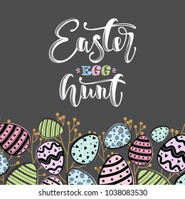 Happy Easter greeting card with calligraphic hand written phrase, holiday poster. Typography design. Vector illustration.